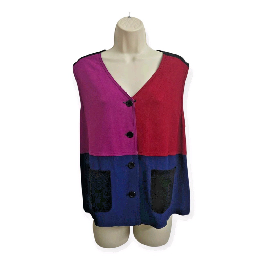 Carole Little Red Pink Blue Black 100% Rayon Color Block Button Up Vest Size 12